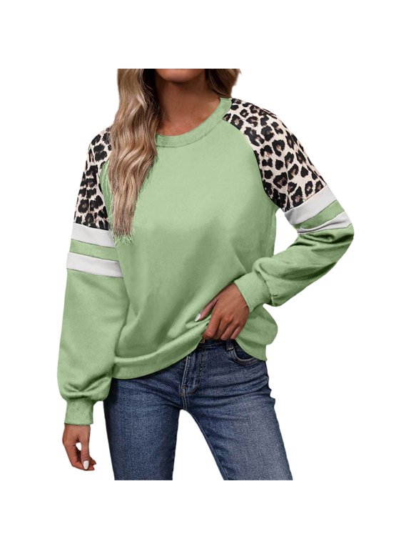 Leopard Print Raglan Sleeve Color Block Sweatshirt for Women, Striped Crewneck Pullover Hoodless Long Sleeve Fall Top
