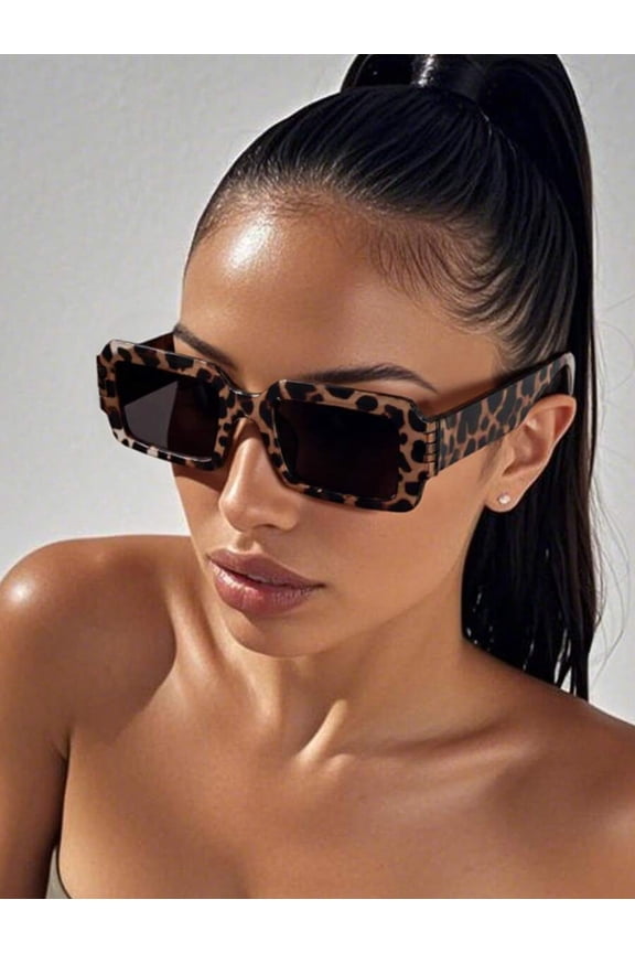 Leopard Print Rectangular Bohemian Sunglasses for Beach, Travel, Sports & Outdoor Activities