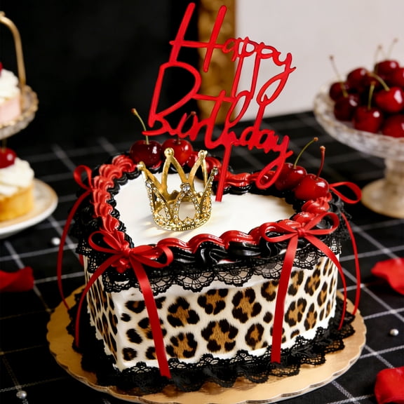 Leopard Print Red Bow Cake Decorations - Wild Luxury Queen Birthday Party Supplies Set