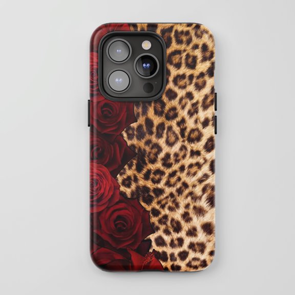 Leopard Print Red Roses For iPhone Protective Phone Case Elegant Fashion Red Brown