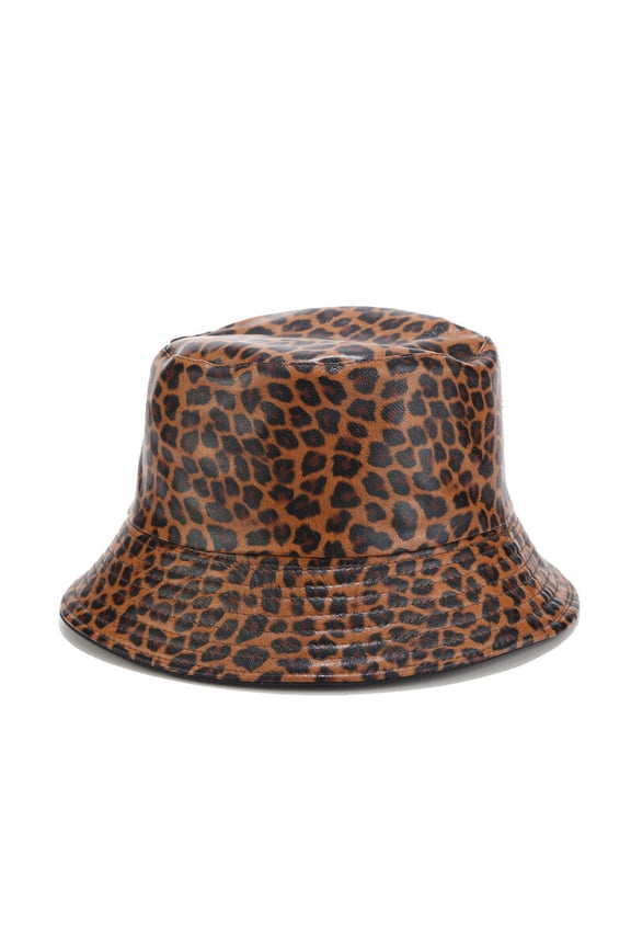 Leopard Print Reversible PU Leather Bucket Hat Wide Brim Fisherman Cap for Women