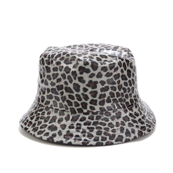 Leopard Print Reversible PU Leather Bucket Hat Wide Brim Fisherman Cap for Women