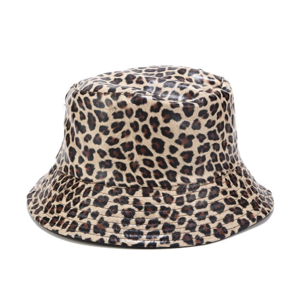 Leopard Print Reversible PU Leather Bucket Hat Wide Brim Fisherman Cap for Women