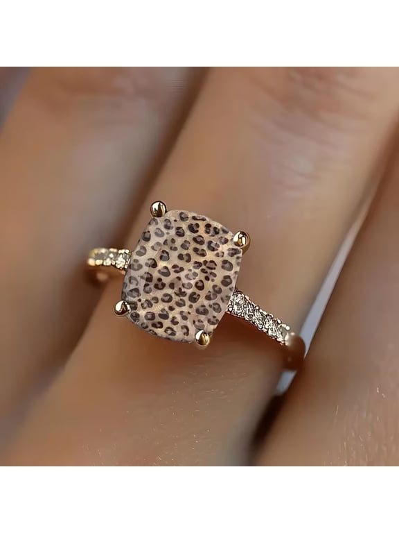 Leopard Print Ring for Women, Cushion Cut Animal Print Stone 4-Prong Ring, 18K Gold Plated Pave CZ Band Fashion Statement Ring, Trendy Jewelry Gift Size 7