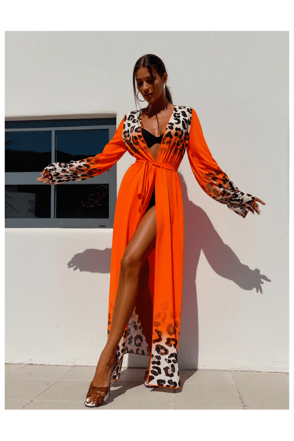 Leopard Print Robe Women Orange Longline - Sheer Cover Up Bell Sleeves Lightweight Kimono Cardigan Loungewear; Cozy Fall & Winter Robe for Lounging