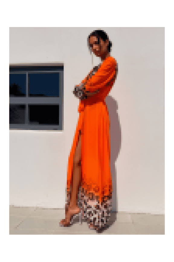Leopard Print Robe for Women - Orange Longline Sheer Cover Up; Tie Waist Lightweight Kimono; Bell Sleeves Loungewear; Cozy Housecoat for Lounging