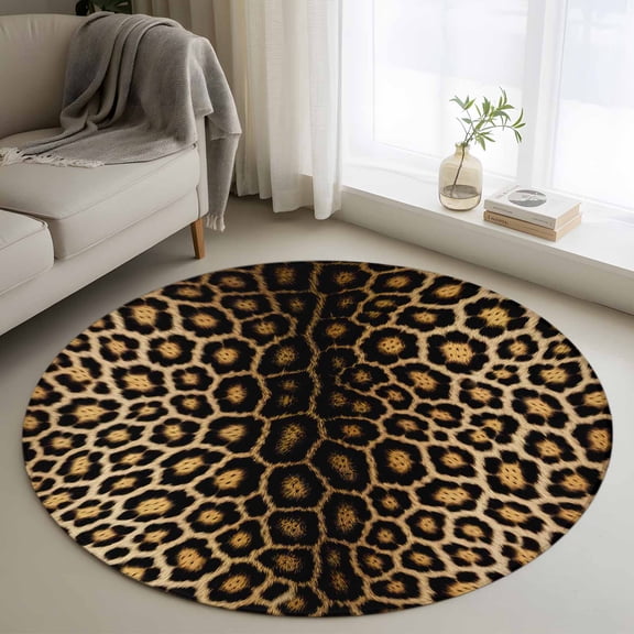 Leopard Print Round Area Rug 4ft, Farmhouse Gradient Animals Texture Washable Non-Slip Circle Rugs for Bedroom Living Room Kitchen, Soft Non Shedding Circle Carpet for Dining Room Dorm