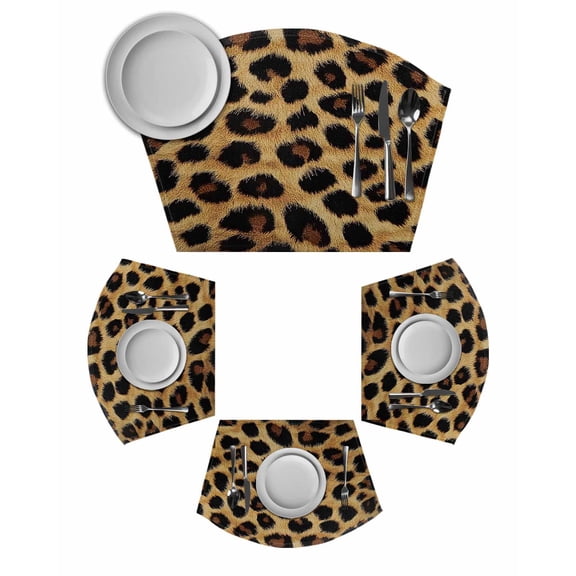 Leopard Print Round Placemats Set of 2, Brown Yellow Retro Animal Fur Pattern Placemats for Round Dining Table Shape Wedge Placemats for Outdoor Indoor Wipeable Clean Table Place Mats