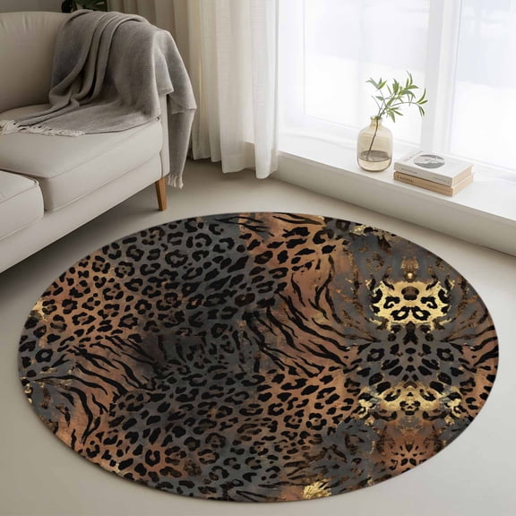 Leopard Print Round Rug 4Ft Ethnic Style Gold Black Gradient Fur Texture Circle Area Rugs Washable Non Slip Indoor Floor Mats Carpet for Living Room Bedroom Dining Room Home Decor