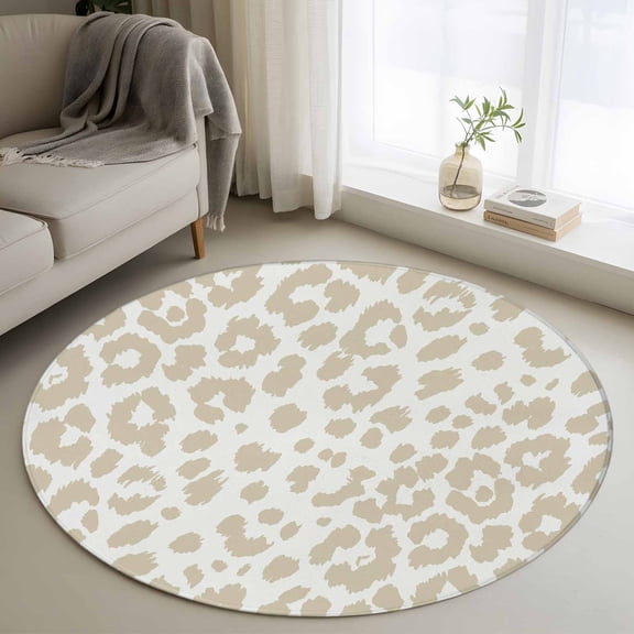 Leopard Print Round Rugs for Living Room 3ft Morandi Style Creamy Beige Leopard Print Country Non Slip Circle Rug Washable Low-Profile Indoor Carpet for Bedroom, Dining Room, Bathroom