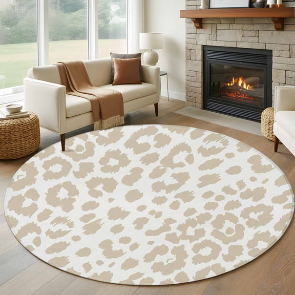 Leopard Print Round Rugs for Living Room 7ft Morandi Style Creamy Beige Leopard Print Country Non Slip Circle Rug Washable Low-Profile Indoor Carpet for Bedroom, Dining Room, Bathroom
