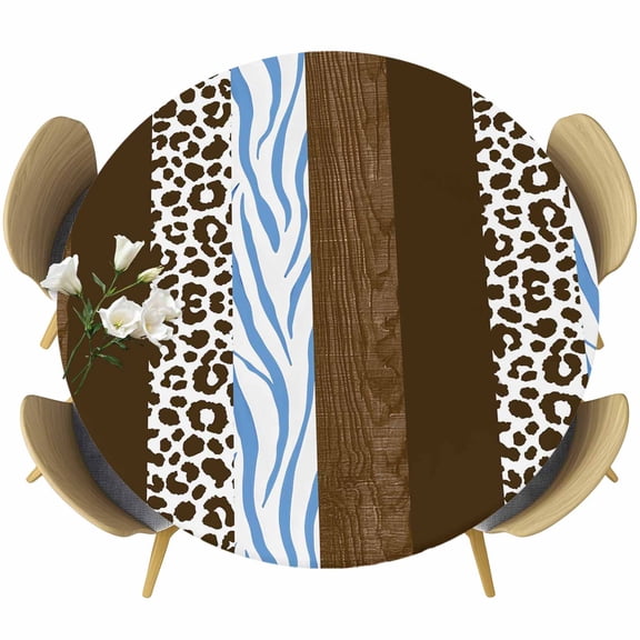 Leopard Print Round Tablecloth 45-54 Inch Round Fitted Table Cloth with Elastic Edge, Abstract Vintage Animals Textured Srtipe Waterproof Table Cover Protector for Outdoor Picnic Party Dining
