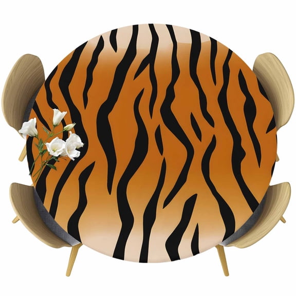 Leopard Print Round Tablecloth, Fitted Table Cover with Elastic for 36"-44" Round Tables, Farmhouse Brown Black Animal Texture Table Cloth Outdoor Indoor Dinning Party Waterproof Tablecloths