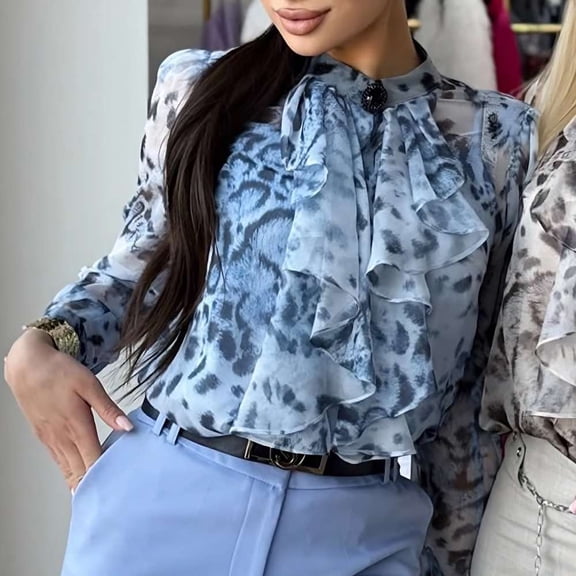 Leopard Print Ruffled Blouses with Puffed Sleeves (M, Blue)