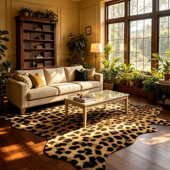 Leopard Print Rug 4.6x5.2 Feet, Machine Washable Faux Cheetah Rug, Non-Slip Animal Print Hide Leopard Skin Area Rug for Bedroom Living Room Home Decor