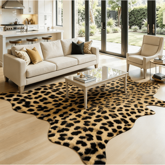 Leopard Print Rug 4.6x5.2 Feet, Machine Washable Faux Cheetah Rug, Non-Slip Animal Print Hide Leopard Skin Area Rug for Bedroom Living Room Home Decor