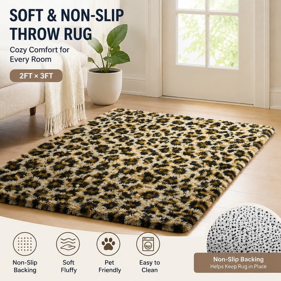 Leopard Print Rug for Bedroom Living Room, Cheetah Pattern Fluffy Shag Large Plush Soft Throw, Large Shaggy Floor Faux Animal Print Carpet 4x6, Cozy Fuzzy Area Rug with Thick Pile Fibers
