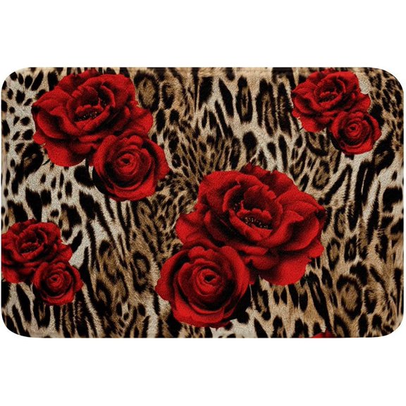 Leopard Print Rug, Red Rose Bath Mat, Brown Cheetah Bath Rugs, Safari Wildlife Animal Door Mat Carpet for Tub, Blossom Floral Door Rug, Floor Non Slip 16" x 24"