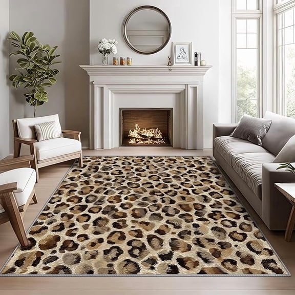 Leopard Print Rugs for Living Room, Cheetah Rug, Brown Animal Print Area Rug, Rustic Wildlife Washable Door Mat for Entryway, Kitchen, Leopard Cowhide Home Decor & Gifts 3 x 5ft