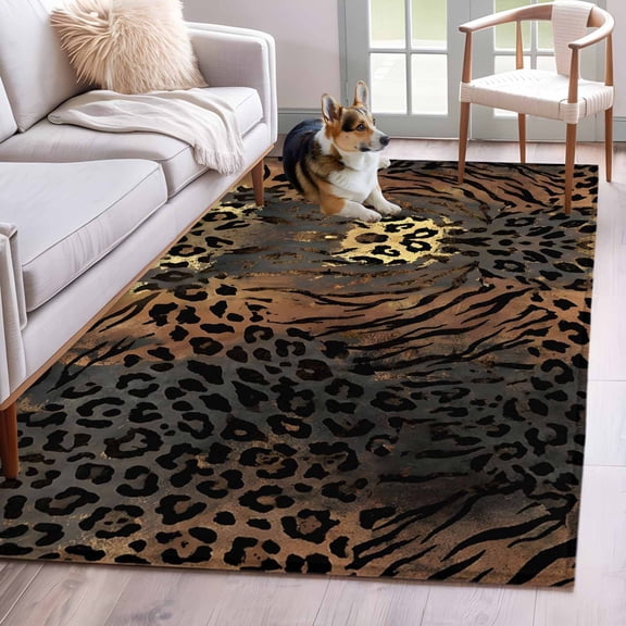 Leopard Print Runner Rug Non Slip 2.7x5 Ethnic Style Gold Black Gradient Fur Texture Washable Rug Runner for Hallways Low Pile Kitchen Rugs Stain Resist Carpet for Bathroom Bedroom Entryway