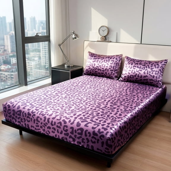 Leopard Print Satin Fitted Sheet Set,2/3pcs(1 Fitted Sheet+1/2 Pillowcases, No Pillow Inserts),Deep Pocket,Soft,Top Choice For Bedroom And Guest Room(Pink,Twin)