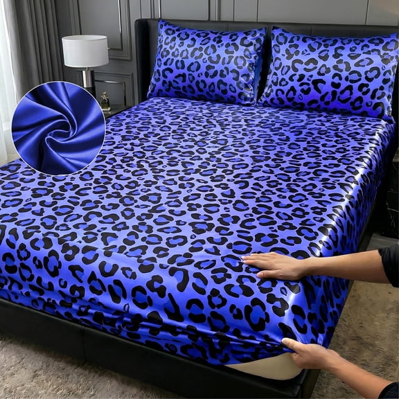 Leopard Print Satin Fitted Sheet Set, Fashionable Classic Soft And Comfortable DeepPocket Breathable Bedding, 1 Fitted Sheet + 1/2 Pillowcases No Filling(Blue,Twin)