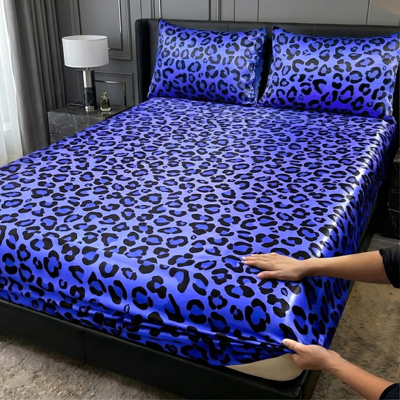 2/3pcs Leopard Print Satin Fitted Sheet Set, Fashionable Classic Soft And Comfortable DeepPocket Breathable Bedding, Bedroom Guest Room Decoration(Blue,Twin)