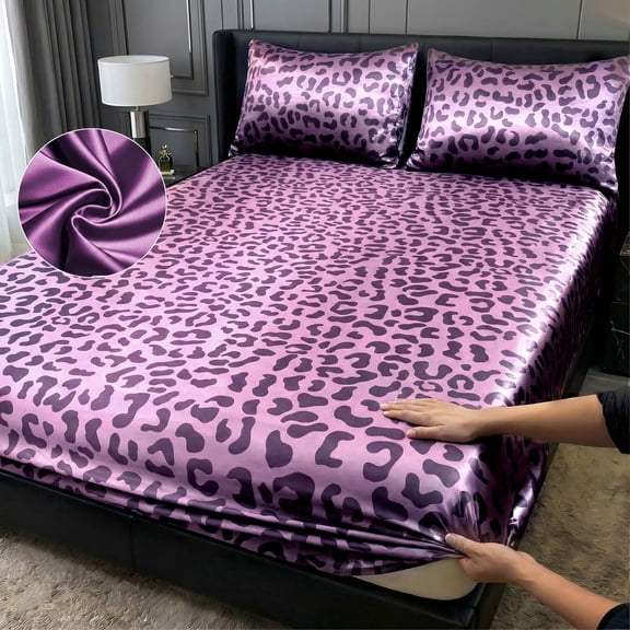 Leopard Print Satin Fitted Sheet Set, Fashionable Classic Soft And Comfortable DeepPocket Breathable Bedding,1 Fitted Sheet + 1/2 Pillowcases No Filling, (Pink,Queen)