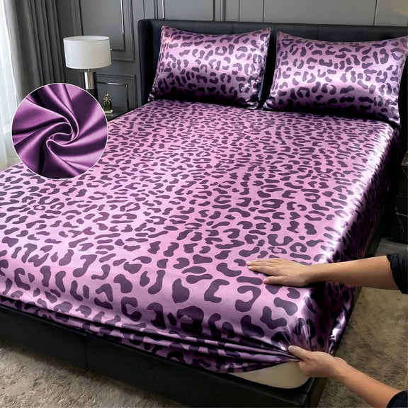 Leopard Print Satin Fitted Sheet Set, Fashionable Classic Soft And Comfortable DeepPocket Breathable Bedding,1 Fitted Sheet + 1/2 Pillowcases No Filling, (Pink,Queen)