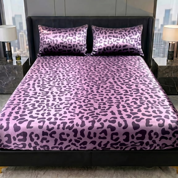 Leopard Print Satin Fitted Sheet Set, Fashionable Classic Soft And Comfortable DeepPocket Breathable Bedding,1 Fitted Sheet + 1/2 Pillowcases No Filling(Pink,Twin)