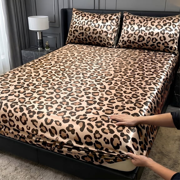 2/3pcs Leopard Print Satin Fitted Sheet Set, Fashionable Classic Soft And Comfortable DeepPocket Breathable Bedding, Bedroom Guest Room Decoration(Yellow,Twin)