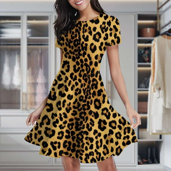 Leopard Print Seamless Pattern Women's Classic Swing Skater Dress Casual Work Party Cocktail Dresses