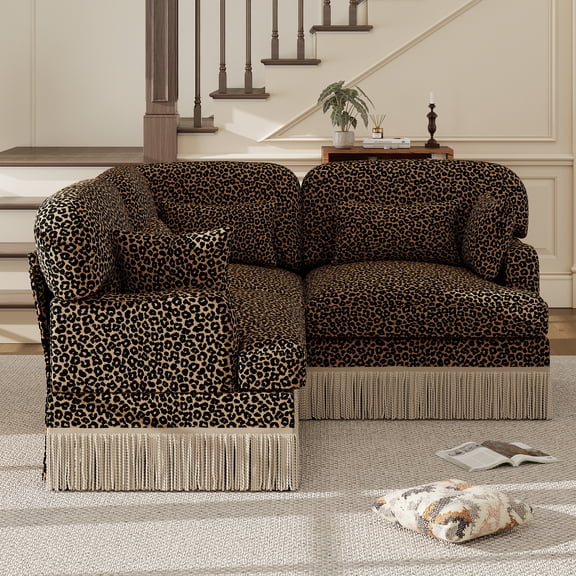 Leopard Print Sectional Sofa, 3 Seat Oversized Chenille L Shaped Modular Couch , Deep Seat Animal Print Couch with Tassel Trim & Pillows for Living Room, Brown Black
