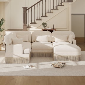 Leopard Print Sectional Sofa, 5 Seat Oversized Chenille U Shaped Modular Couch with Movable Ottoman, Deep Seat Animal Print Couch with Tassel Trim & Pillows for Living Room, Beige Coffee