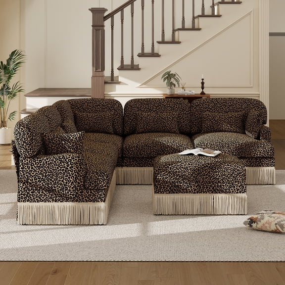 Leopard Print Sectional Sofa, 6 Seat Oversized Chenille U Shaped Modular Couch , Deep Seat Animal Print Couch with Tassel Trim & Pillows for Living Room, Brown Black
