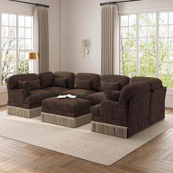 Leopard Print Sectional Sofa, 7 Seat Oversized Chenille U Shaped Modular Couch with Movable Ottoman, Deep Seat Animal Print Couch with Tassel Trim & Pillows for Living Room, Brown Black