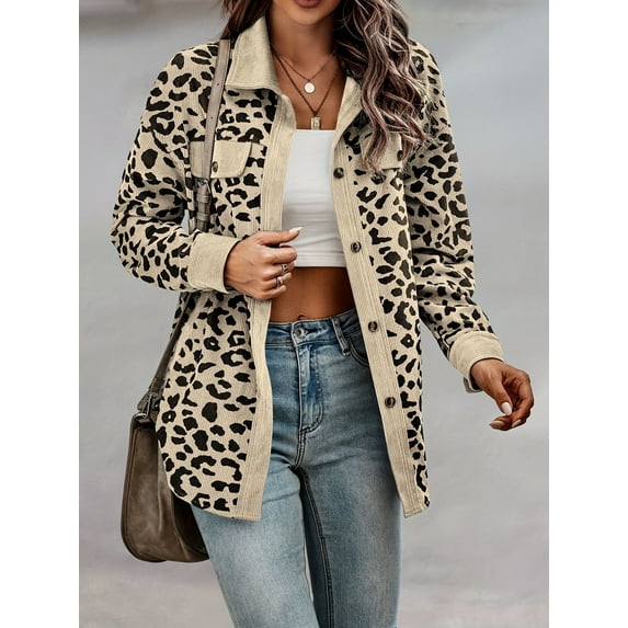 Leopard Print Shacket Jacket, Casual Button Front Turn Down Collar Long Sleeve Outerwear, Women's Clothing