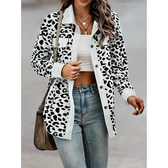 Leopard Print Shacket Jacket, Casual Button Front Turn Down Collar Long Sleeve Outerwear, Women's Clothing