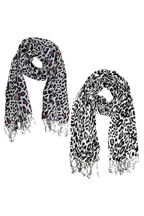 Leopard Print Shawl Scarves for Women Soft Silky Lightweight 100% Viscose, Fringed Bottom, Versatile All-Season Wrap, Great Gift Idea, Value Pack of 2