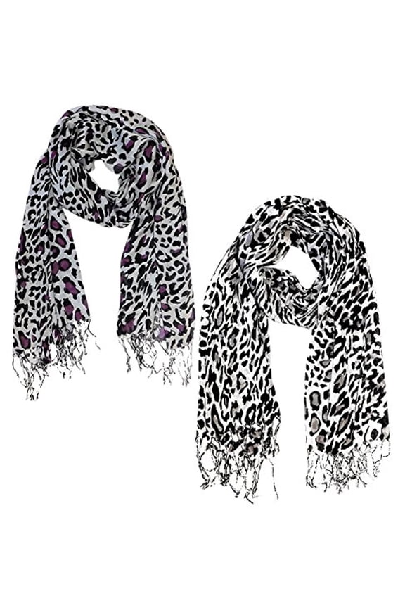 Leopard Print Shawl Scarves for Women Soft Silky Lightweight 100% Viscose, Fringed Bottom, Versatile All-Season Wrap, Great Gift Idea, Value Pack of 2