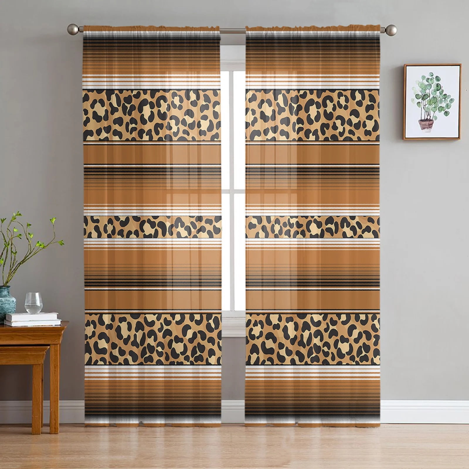 Leopard Print Sheer Window Panel Curtains Room for Living Room Bedroom