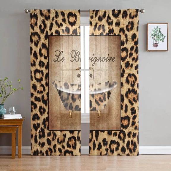 Leopard Print Sheer Window Panel Curtains Room for Living Room Bedroom Kitchen Room Chiffon Tulle Curtains