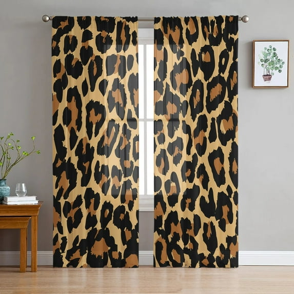Leopard Print Sheer Window Panel Curtains Room for Living Room Bedroom Kitchen Room Chiffon Tulle Curtains