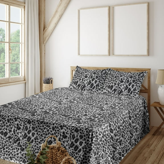 Ambesonne Leopard Print Fitted & Flat Sheet with Shams 4 Pcs Set, Grey Wild Cat Spots, Queen, Black and Grey