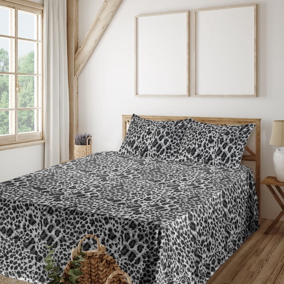 Ambesonne Leopard Print Fitted & Flat Sheet with Shams 4 Pcs Set, Grey Wild Cat Spots, Queen, Black and Grey