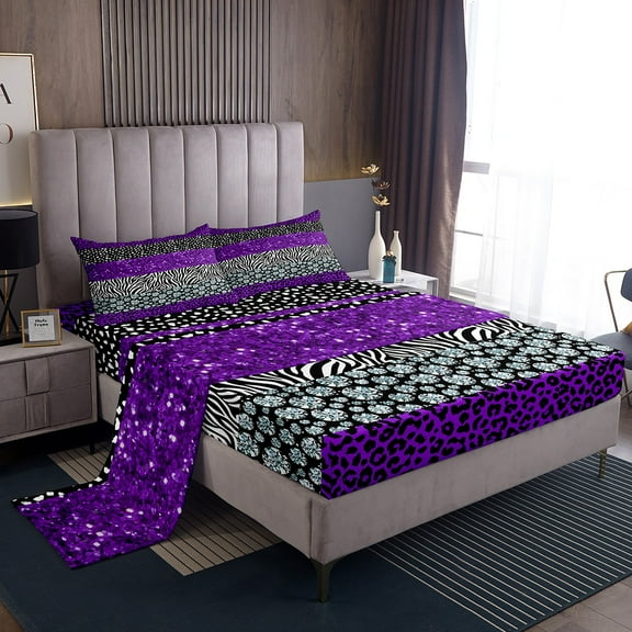 Leopard Print Sheets Queen Size,Rustic Cheetah Zebra Texture Patchwork Bed Sheets Set Women Glitter Sequins Romantic Sheet Set,Purple Chic Bed Set,2 Pillowcases