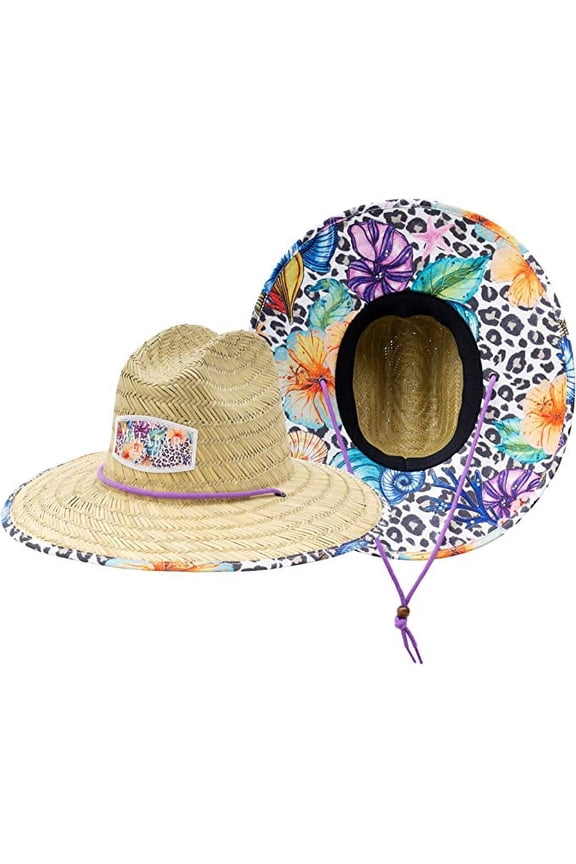 Leopard Print Shells Fabric Pattern Print Straw Sunhat Men & Women, Lifeguard Hat, Beach, Swim, Cruise, Paddle Board, Boat, Fishing, Fits All, Malabar Hat