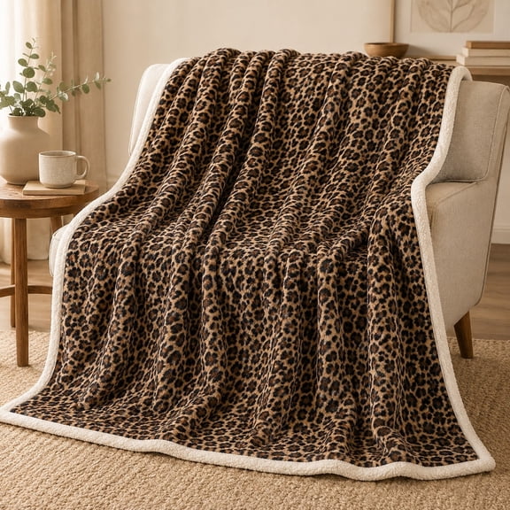 Leopard Print Sherpa Blanket, 2-Layer Polyester Fleece Throw, Soft Printed Fleece & Sherpa Blanket for Couch Bed Sofa, Multiple Sizes