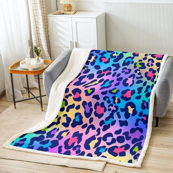 Leopard Print Sherpa Blanket Africa Cheetah Print Fleece Throw Blanket Rainbow Leopard Design Plush Blanket Room Decor Safari Animal Pattern Fuzzy Blanket for Sofa Bed Couch, 40x50 Inch