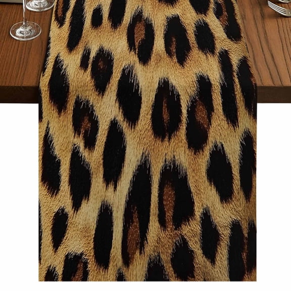 Leopard Print Short Table Runner 36 Inches Long,Brown Yellow Retro Animal Fur Pattern Cotton Linen Table Runners Dresser Scarves,Tabletop Scarf Furniture Cover for Home Dinner Party Decor 13"x36"